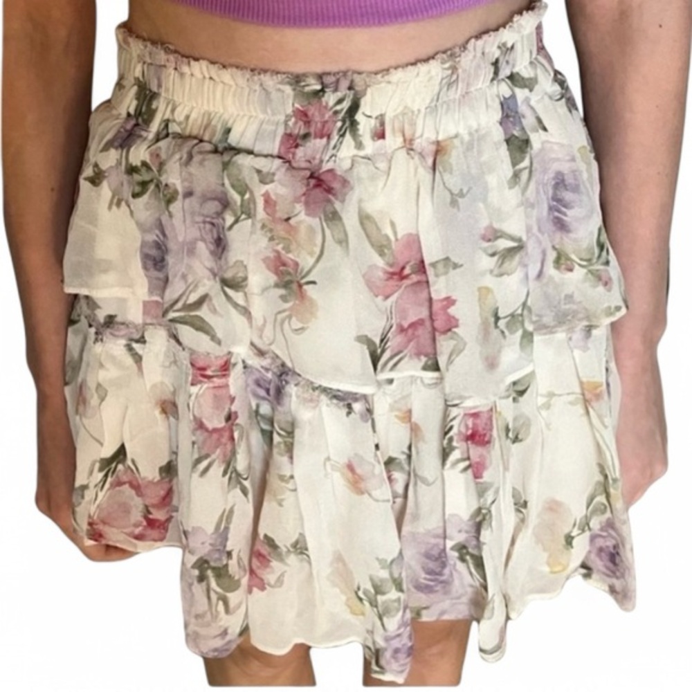 Loveshackfancy Ivory & Pink Floral Tiered Mini Skirt, Size XS. Ruffles.